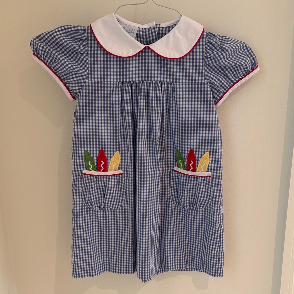Little English Blue Checkered Dress with Colorful Pocket Details